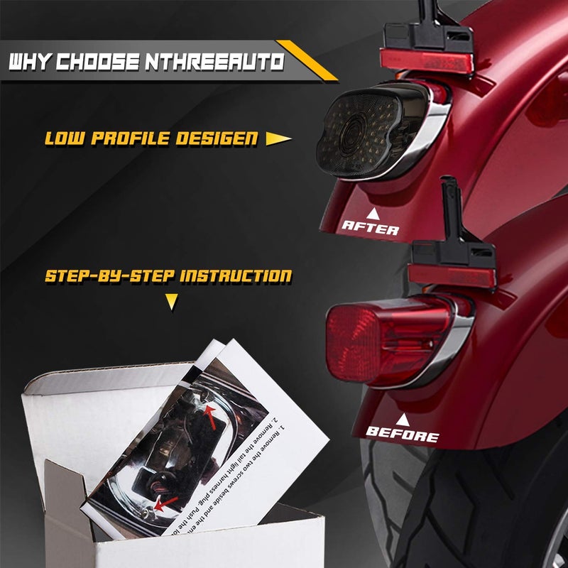 NTHREEAUTO Smoked LED Tail Light Brake Turn Signal Light Low Profile Taillights Compatible with Harley Road King, Sportster 883 1200, FXDL, FLST, Electra Road Glide, Dyna - Image 5